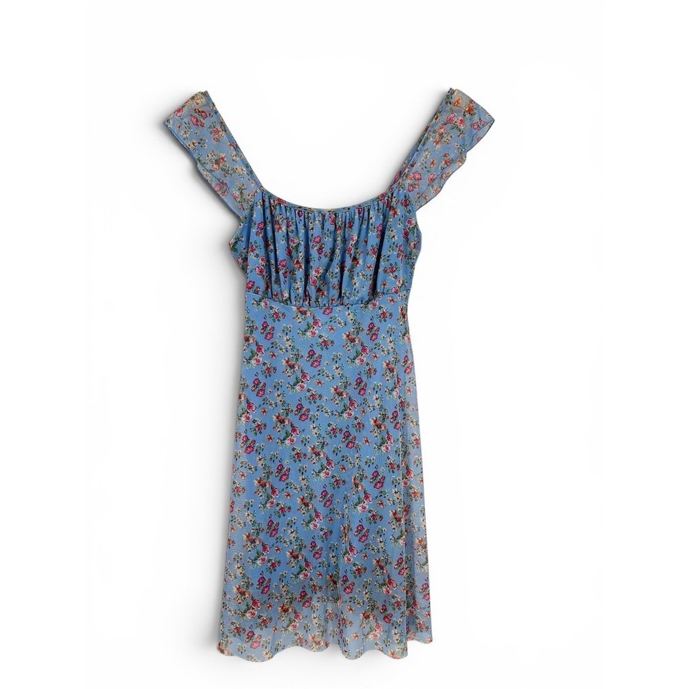 See You Monday Blue Floral Mesh Ruffle Strap Milkmaid‎ Mini Dress Medium 90s
